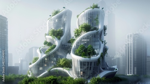 A digital rendering of twin sustainable buildings, with BIM tools illustrating eco-friendly construction methods and materials photo