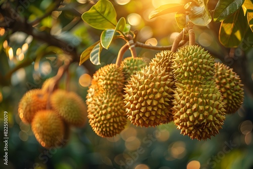 Golden Durian Fruits Basking in Natural Sunlight on Orchard Branches photo