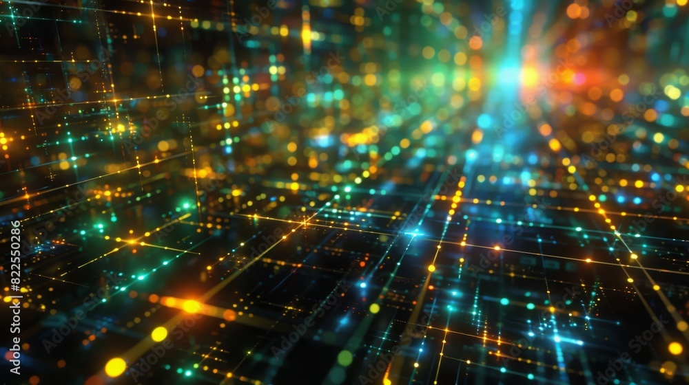 Vibrant neon lights form a digital matrix pattern in cyberspace at night. The glowing network of grids and colorful nodes creates futuristic and immersive visuals. Vibrant neon lights form a digital matrix pattern in cyberspace at night. The glowing network of grids and colorful nodes creates futuristic and immersive visuals.