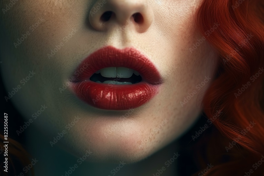 Obraz premium Detailed close-up of a woman with vivid red hair and matching lipstick, emphasizing beauty and elegance