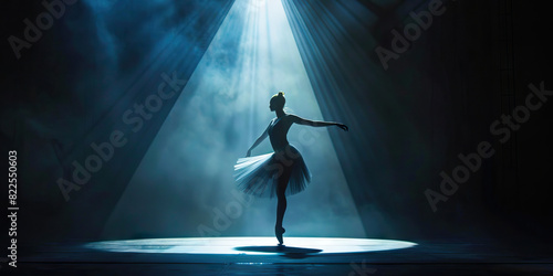The Ethereal Ballet: A solo dancer gracefully glides across a dimly lit stage, their sculpted form illuminated by a solitary spotlight, embodying an elegant dance of movement and emotion. © Lila Patel
