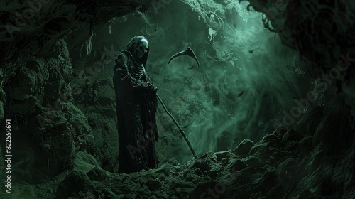 Grim Reaper in Dark, Spooky Forest Cave
 photo