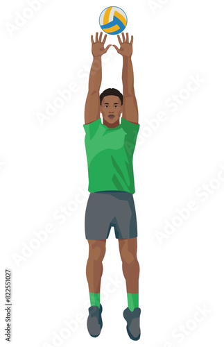 African volleyball player in green t-shirt jumps straight with his hands raised high to catch or block the ball