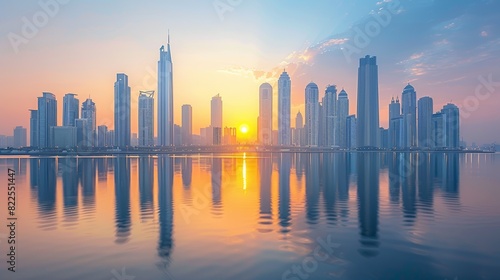 A city skyline dominated by modern skyscrapers  with a clear sky providing a stunning backdrop for the architectural marvels