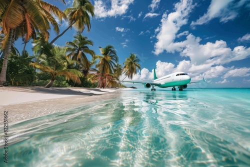 Beach with palm trees on the shore in the style of birds-eye-view. Turquoise and white plane view on beach. Beautiful simple AI generated image in 4K, unique.