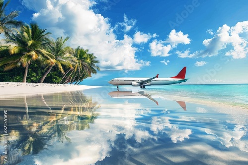 Wallpaper Mural Beach with palm trees on the shore in the style of birds-eye-view. Turquoise and white plane view on beach. Beautiful simple AI generated image in 4K, unique. Torontodigital.ca