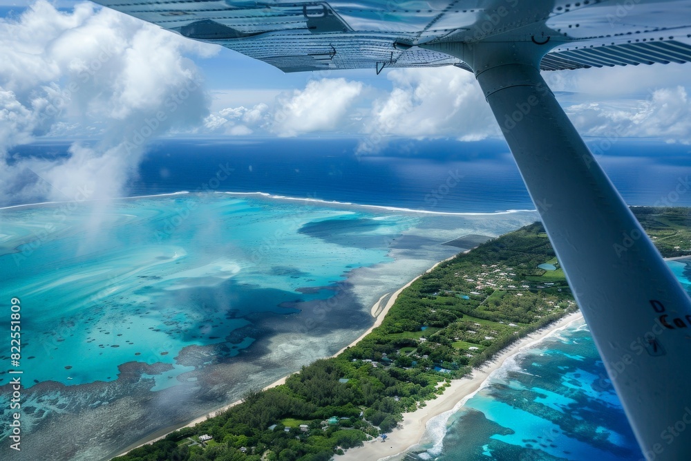 Fototapeta premium Beach with palm trees on the shore in the style of birds-eye-view. Turquoise and white plane view on beach. Beautiful simple AI generated image in 4K, unique.