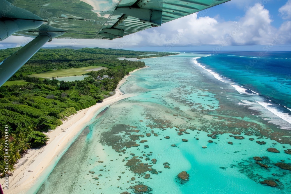 Beach with palm trees on the shore in the style of birds-eye-view. Turquoise and white plane view on beach. Beautiful simple AI generated image in 4K, unique. Beach with palm trees on the shore in the style of birds-eye-view. Turquoise and white plane view on beach. Beautiful simple AI generated image in 4K, unique.