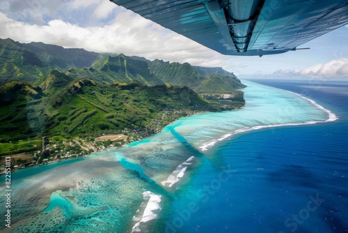 Beach with palm trees on the shore in the style of birds-eye-view. Turquoise and white plane view on beach. Beautiful simple AI generated image in 4K  unique.