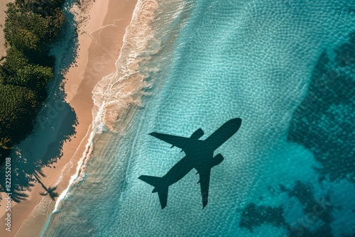 Beach with palm trees on the shore in the style of birds-eye-view. Turquoise and white plane view on beach. Beautiful simple AI generated image in 4K, unique.