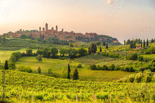 Medieval San Gimignano hill town with skyline of medieval towers, including the stone Torre Grossa. Province of Siena, Tuscany, Italy.