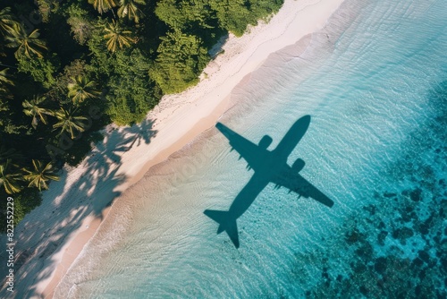 Beach with palm trees on the shore in the style of birds-eye-view. Turquoise and white plane view on beach. Beautiful simple AI generated image in 4K, unique. photo