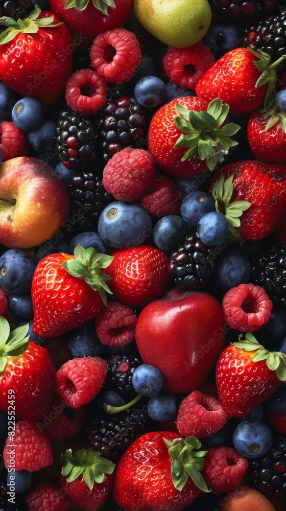 Fototapeta premium Many different fruits that are grouped together on a table. Food background . Vertical background