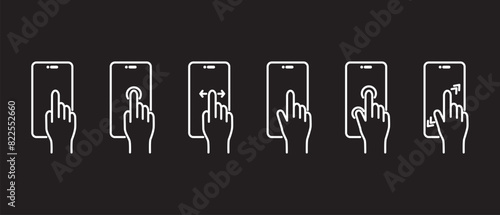 Finger tap smartphone gesture icon set, Outline style hand tuching and scrolling smartphone icons, Editable stroke, Eps10. Tapping the screen icon set, vector in black background.