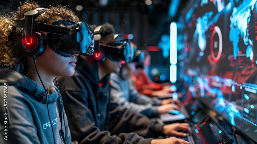 A futuristic cybersecurity training simulation, with participants using VR headsets to prepare for cyber threats A futuristic cybersecurity training simulation, with participants using VR headsets to prepare for cyber threats
