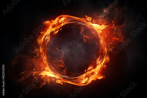 Circle of Fire flame with movment on black background, Beautiful yellow, orange and red and red blaze fire flame texture style
 photo