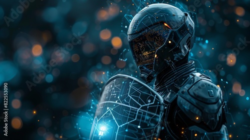 A cyber warrior avatar wielding a digital shield, symbolizing the protection of networks from intrusions and attacks
