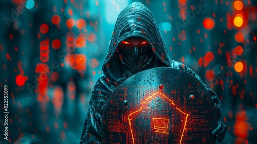 A cyber warrior avatar wielding a digital shield, symbolizing the protection of networks from intrusions and attacks photo