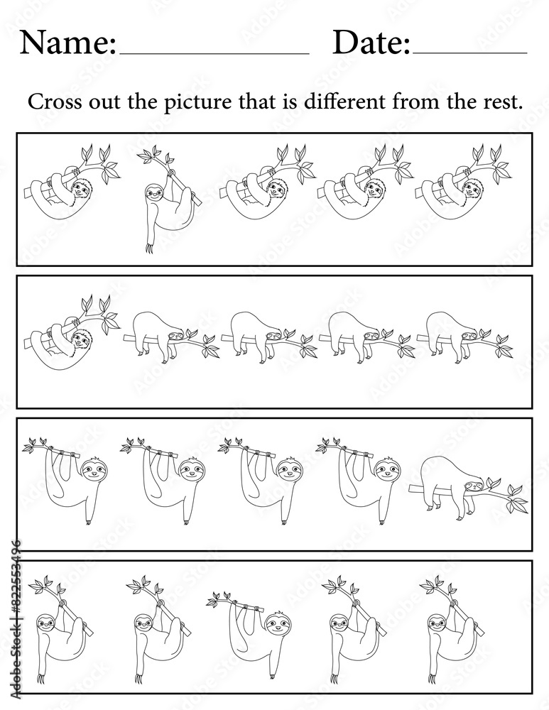 Sloth Puzzle. Printable Activity Page for Kids. Educational Resources for School for Kids. Kids Activity Worksheet. Find the Different Object