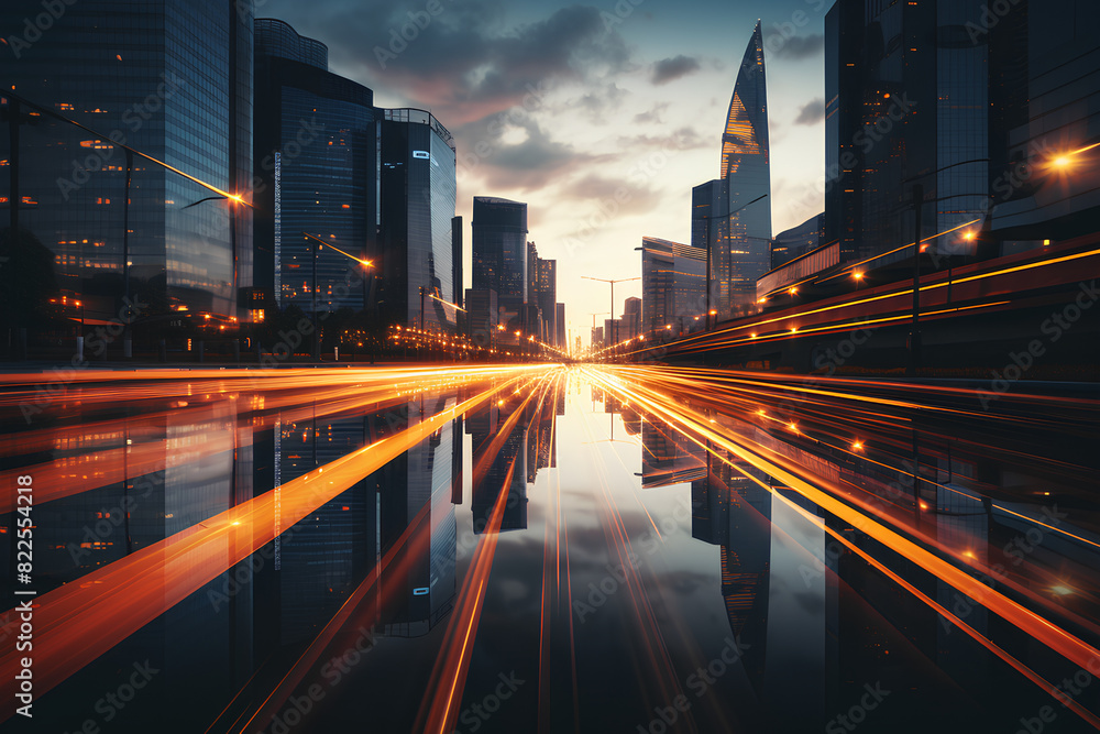 Fototapeta premium Light flow of traffic on a evening highway in a city with modern high buildings 