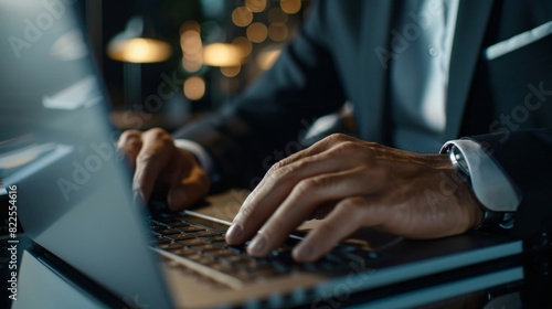 Focused Businessman in Suit Working on Laptop, Close-Up of Hands Typing and Determined Expression in Modern Office Setting.