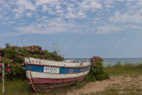 Altes Fischerboot am Strand von Behrensdorf an der Ostsee im Sommer.