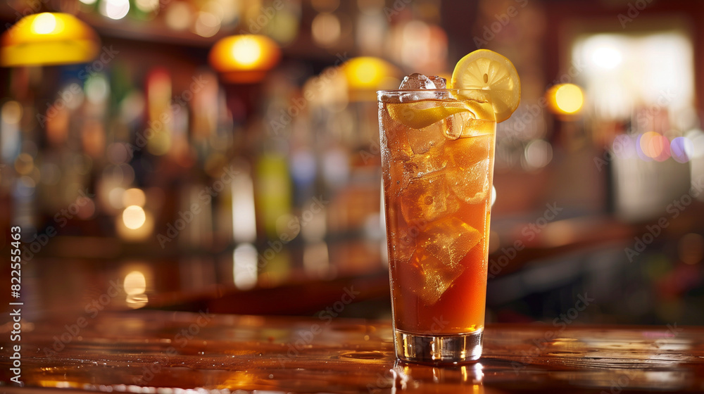 Long Island Iced Tea: A tall glass of Long Island iced tea, filled with ice and garnished with a lemon wedge, against a lively bar backdrop. Long Island Iced Tea: A tall glass of Long Island iced tea, filled with ice and garnished with a lemon wedge, against a lively bar backdrop.