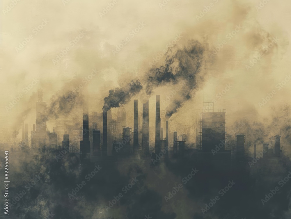 Obraz premium A dark, dirty, and polluted factory is located on the outskirts of a large city