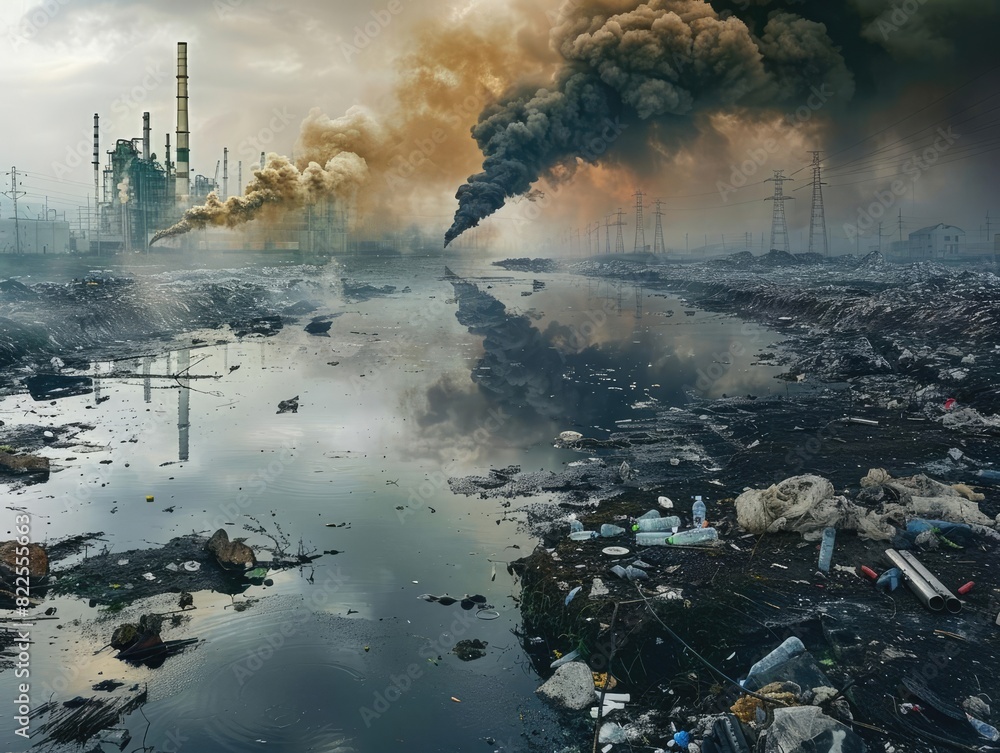 A polluted river flows through a barren landscape A polluted river flows through a barren landscape