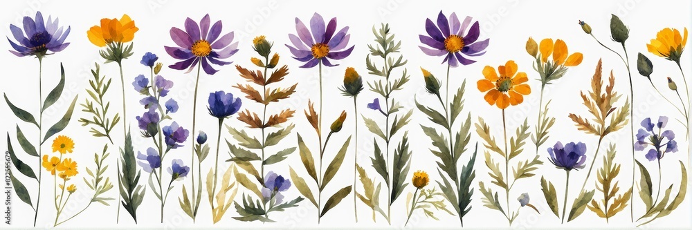 A banner with dry wildflowers in watercolor style, drawing on a white background. A banner with dry wildflowers in watercolor style, drawing on a white background.
