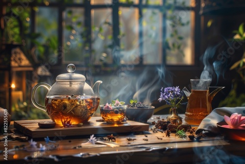 Tea pot with a tea in it on a table. Drink background