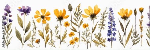 A banner with dry wildflowers in watercolor style  drawing on a white background.