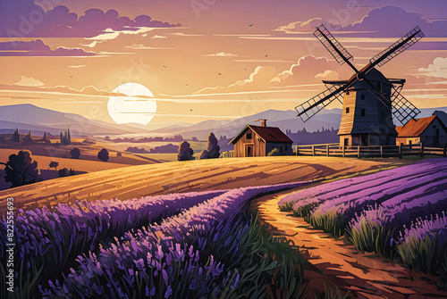 A serene countryside with fields of lavender and a rustic windmill vector art illustration generative AI image. 