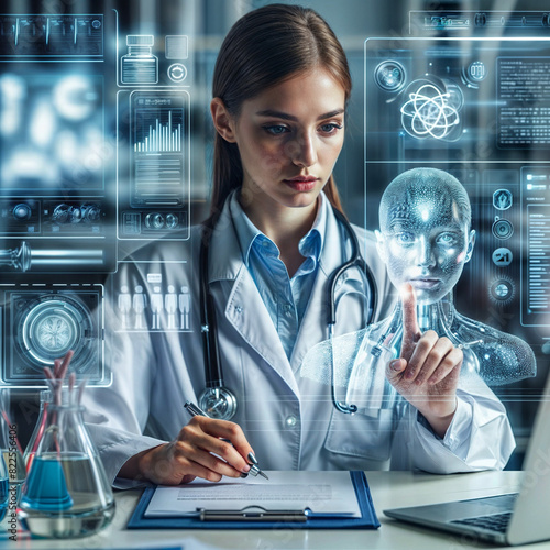 Doctor, Researchers using artificial intelligence on virtual screen for medical research - future medicine healthcare laboratory concept generative ai	
