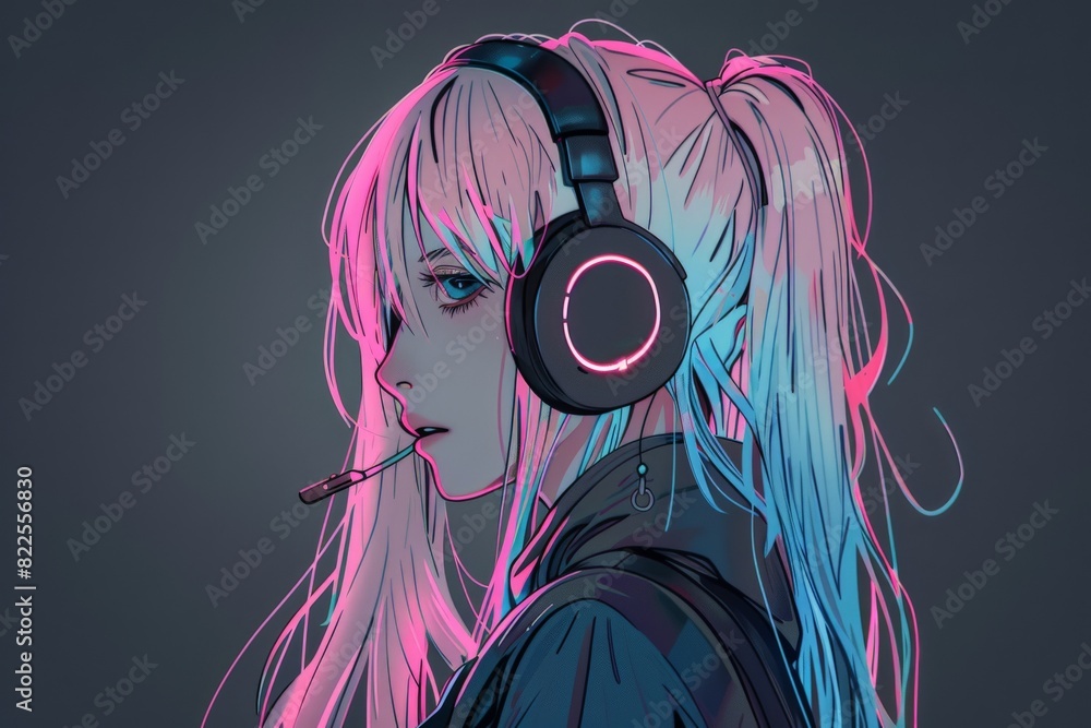 Fototapeta premium Young girl purple hairs lost in lo-fi music , anime style flat illustration green background with space for text. . Beautiful simple AI generated image in 4K, unique.