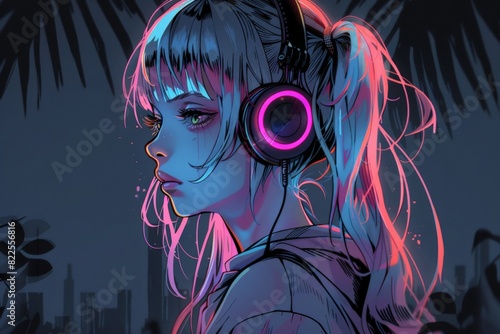 Charming Anime Girl Wearing Headphones and Enjoying Lo-fi Hip Hop Music, Relaxing Manga Cartoon Drawing Illustration. Beautiful simple AI generated image in 4K, unique.