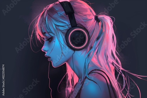 Charming Anime Girl Wearing Headphones and Enjoying Lo-fi Hip Hop Music, Relaxing Manga Cartoon Drawing Illustration. Beautiful simple AI generated image in 4K, unique.