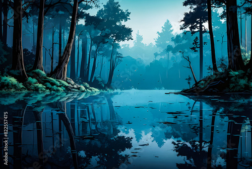 A tranquil pond nestled among the trees of a mystical forest, its surface reflecting the surreal blue fog enveloping the landscape vector art illustraion generative ai image.  © Ariyan