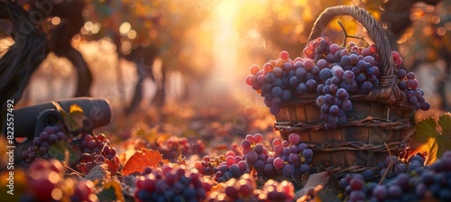Twilight in a tranquil vineyard  bountiful harvest of colorful grapes in a rustic basket photo