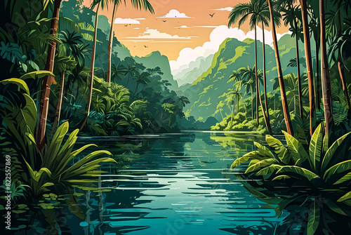 A tranquil river winding through the heart of a dense tropical jungle, with vibrant greenery reflected in its calm waters vector art illustraion generative ai image.
 photo