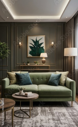 Stylish professional photograph of a dark green and brass luxury living room interior with velvet furniture and tropical plants