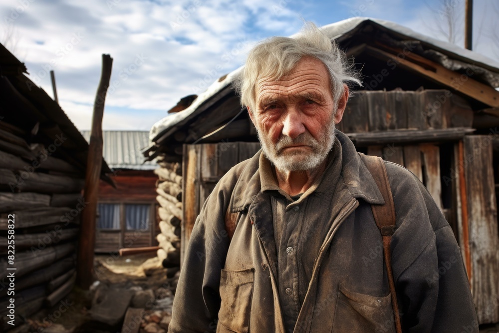 Portrait of a thoughtful senior man with a weathered expression in front of wooden cabins