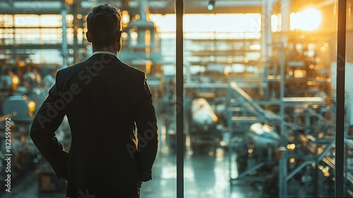 Businessman in a suit stands with his back to the camera, looking out over a large, modern factory floor