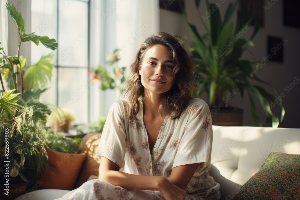 Contemporary Comfort: A Young Woman Relaxing in a Chic, Plant-Filled Living Room Contemporary Comfort: A Young Woman Relaxing in a Chic, Plant-Filled Living Room