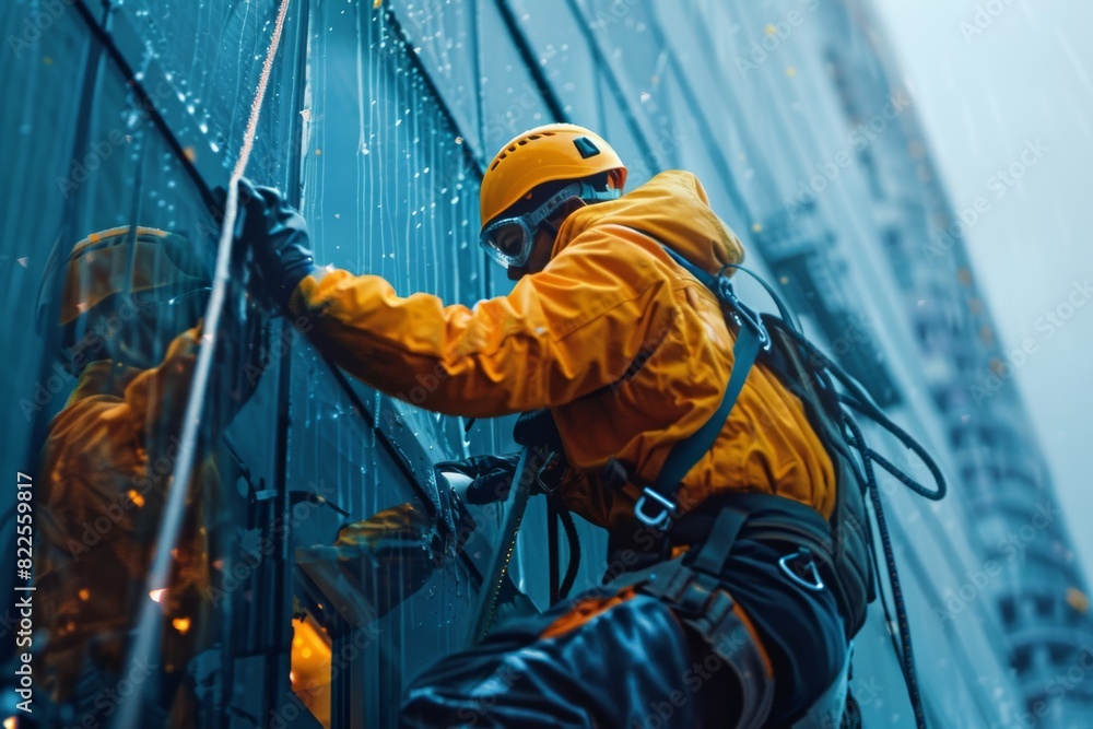 Window cleaner working on a high-rise building, equipped with safety gear and harness, during rainy weather. Window cleaner working on a high-rise building, equipped with safety gear and harness, during rainy weather.