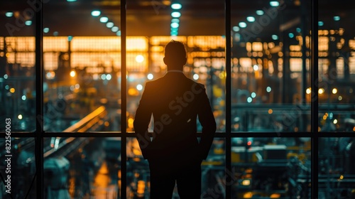 Silhouette of a man in a suit standing in front of a large window, overlooking a factory floor