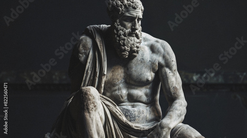 A statue of a man with a beard sits on a stone slab