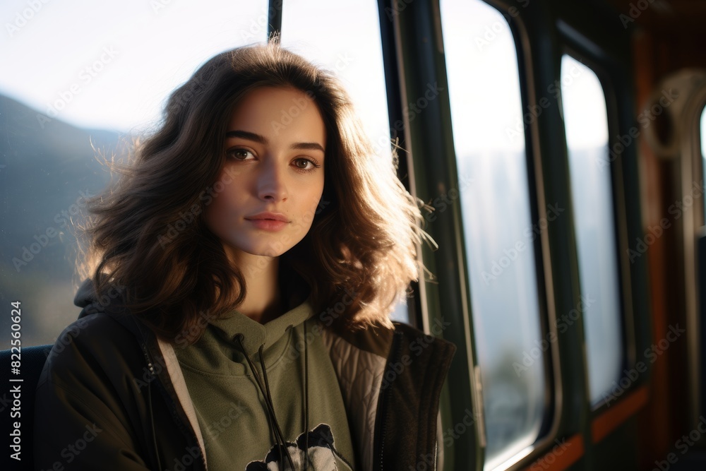 A Young Adventurer Smiles as a Mountain Cable Car Ascends into the Clouds Behind Her A Young Adventurer Smiles as a Mountain Cable Car Ascends into the Clouds Behind Her
