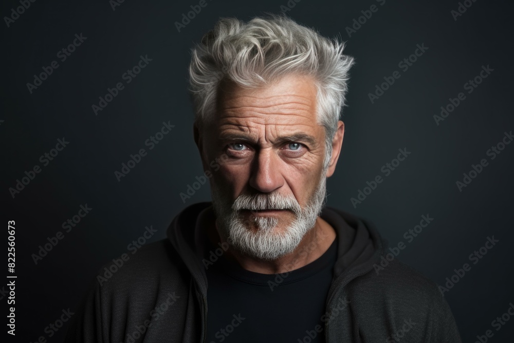 Close-up of an elderly man with striking grey hair and a thoughtful expression Close-up of an elderly man with striking grey hair and a thoughtful expression