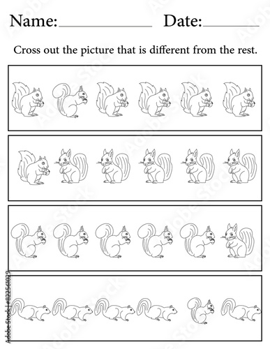 Squirrel Puzzle. Printable Activity Page for Kids. Educational Resources for School for Kids. Kids Activity Worksheet. Find the Different Object